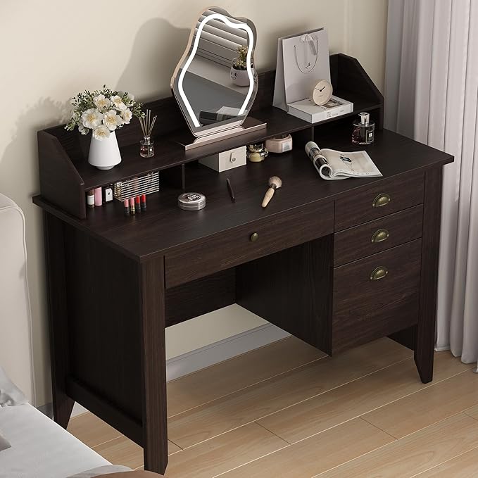 4 EVER WINNER Small Desk with Drawers, Office Desk with File Drawer and Monitor Stand, Writing Desk Study Table for Small Spaces, Espresso