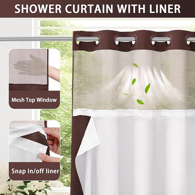 YellyHommy No Hook Shower Curtain with Snap in Liner Set Less Time Brown Waffle Shower Curtain for Bathroom 75" L x 72" W
