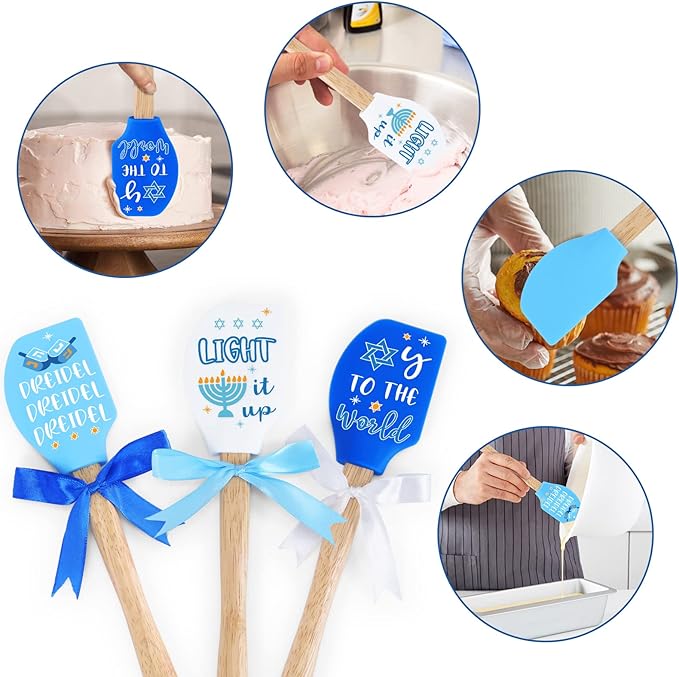 Hanukkah Silicone Spatula 3PCS Flexible Food Grade Gift Idea for Mom Heat Resistant Kitchen Utensil Home Decor Baking Housewarming Birthday Wedding with Wooden Handle and Ribbon Bow with greeting card