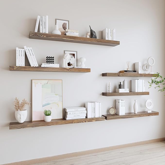 Walnut Floating Shelves 60 Inch Long 8-in Deep Set of 2, High End Real Solid Wood Floating Shelves for Wall,Suitable for Kitchen and Coffee Bar, with Sturdy Hidden Bracket