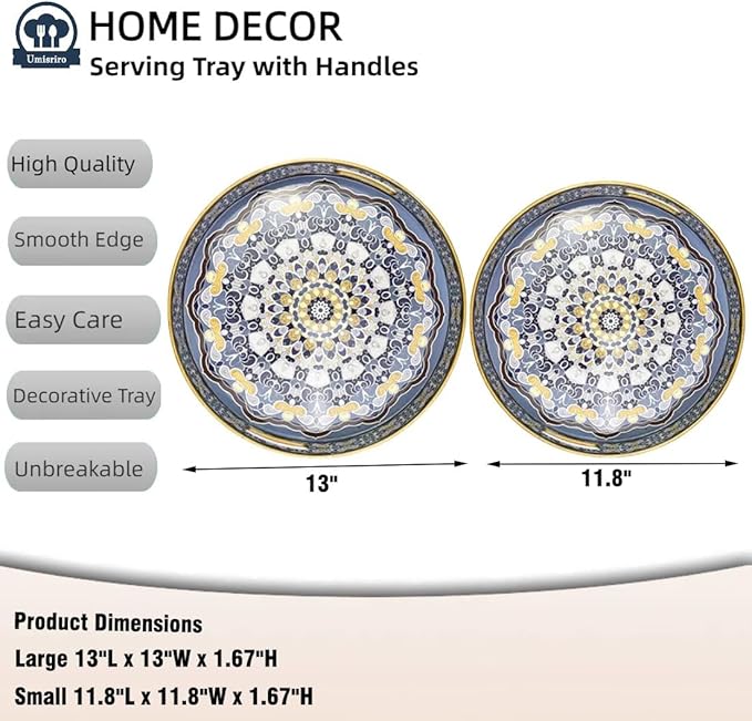 Round Decorative Trays Set of 2, Modern Plastic Serving Tray with Handles for Living Room, Coffee Table, Kitchen, Ottoman, Boho Blue, Large 13", Small 11.8"