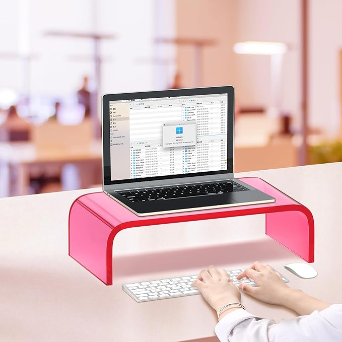 Acrylic Monitor Stand Riser Acrylic Laptop Stand for Desk Clear Computer Monitor Stand for Desk Accessories iMac Organizer Office Must-Haves Product for Working from Home Bright Pink