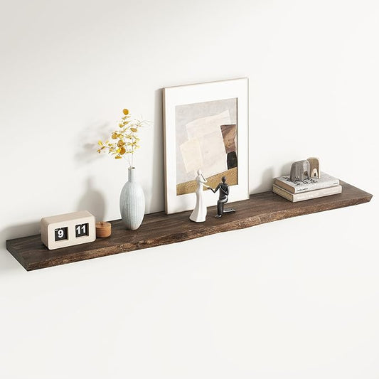 Rustic Elm Wood Floating Shelf for Wall, Live Edge 55"W x 9.2"D x 1.4"H, 1 Pack with Invisible Bracket, Large Wall Mounted Storage Shelf for Living Room Bedroom Kitchen Bathroom Decor, Walnut Finish