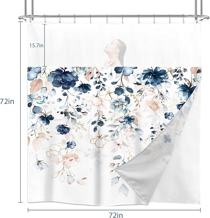 Floral Shower Curtain 72Wx72L Inch with Snap in Liner Spring Blue Pink Flower Eucalyptus Leaf Girl Bathroom Set Watercolor Pastel Plant Botanical Bath Curtain Bathtub Accessories Home Decor