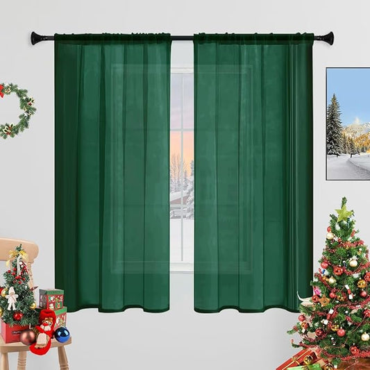 Sheer Curtains 63 Inches Long 2 Panels, Rod Pocket Short Curtain for Kitchen, Bedroom, Cafe Window(Foliage Green 38" W x 63" L)