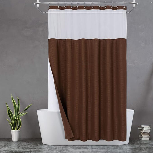 N&Y HOME Waffle Weave Shower Curtain with Snap-in Fabric Liner & 12 Metal Hooks Set - Hotel Style, Waterproof & Washable, Heavyweight Fabric & Mesh Top Window - 71x72, Chocolate Brown