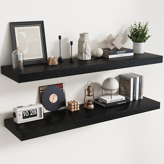 Floating Shelves for Wall with Invisible Brackets, Wall Mounted Engineered Wood Shelves with Wood Grain for Living Room, Bedroom, Bathroom, Kitchen Decor and Storage, Oak, 55"L Set of 2, Black
