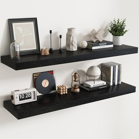 Floating Shelves for Wall with Invisible Brackets, Wall Mounted Engineered Wood Shelves with Wood Grain for Living Room, Bedroom, Bathroom, Kitchen Decor and Storage, Oak, 55"L Set of 2, Black