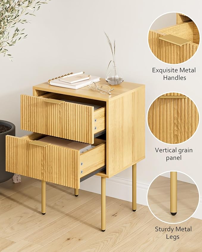 Masupu Night Stand,Mid-Century Modern Bedside Table with 2 Storage Drawer,Small Gold Frame Side End Table for Bedroom,Living Room, Natural