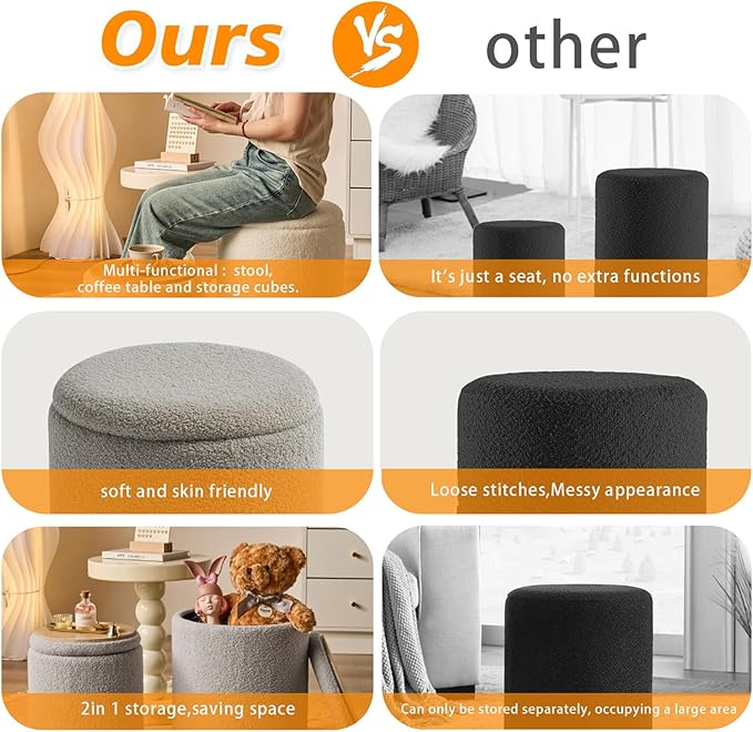 Round Ottoman with Storage Set of 2-Upholstered Sherpa Vanity Stool for Makeup Multifunctional Ottomans Coffee Table Padded Seat Foot Rest for Living Room&Bedroom(Sherpa Gray)