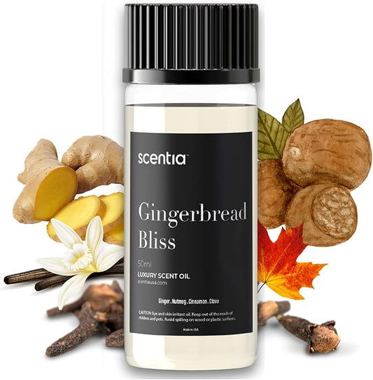 Scentia Gingerbread Bliss Fragrance Oil – 50ml Holiday Diffuser Oil | Warm Christmas Blend with Ginger, Nutmeg, Cinnamon & Vanilla | Perfect Stocking Stuffer, DIY Candles & Soaps