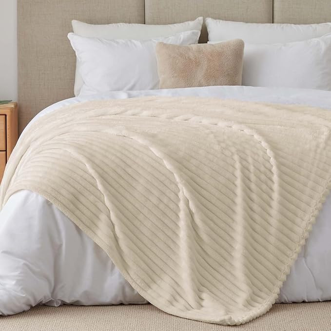 BEDELITE Full Size Blanket for Bed, 300GSM Soft & Warm Fleece Beige Blanket, Decorative and Giftable Striped Blankets for Women, Men, 84"x90"