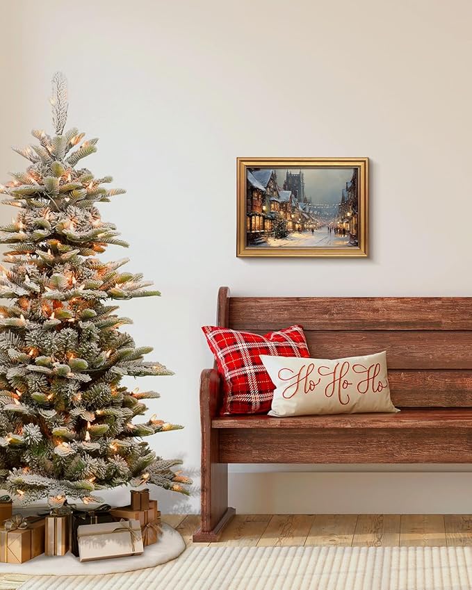 VIYYIEA Vintage Gold Framed Wall Art for Living Room, Christmas Canvas Prints Home Decor, Oil Painting Picture, Bedroom Wall Decor Gifts for Friends or Family -【A Cold Snowy Night】-(16L x 12W)