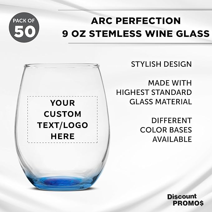 Custom Stemless Wine Glass 9 oz. Set of 50, Personalized Bulk Pack - Great for Wedding Favors, Bachelorette Party Decorations, Party Favors, Color Bottom - Blue