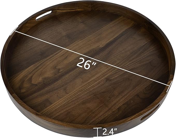 26 x 26 inches Extra Large Round Ottoman Table Tray, Wooden Solid Black Walnut Circle Platter Decorative Serving Tray with Handle for Oversized Ottoman Home Breakfast in Bed Tea Coffee