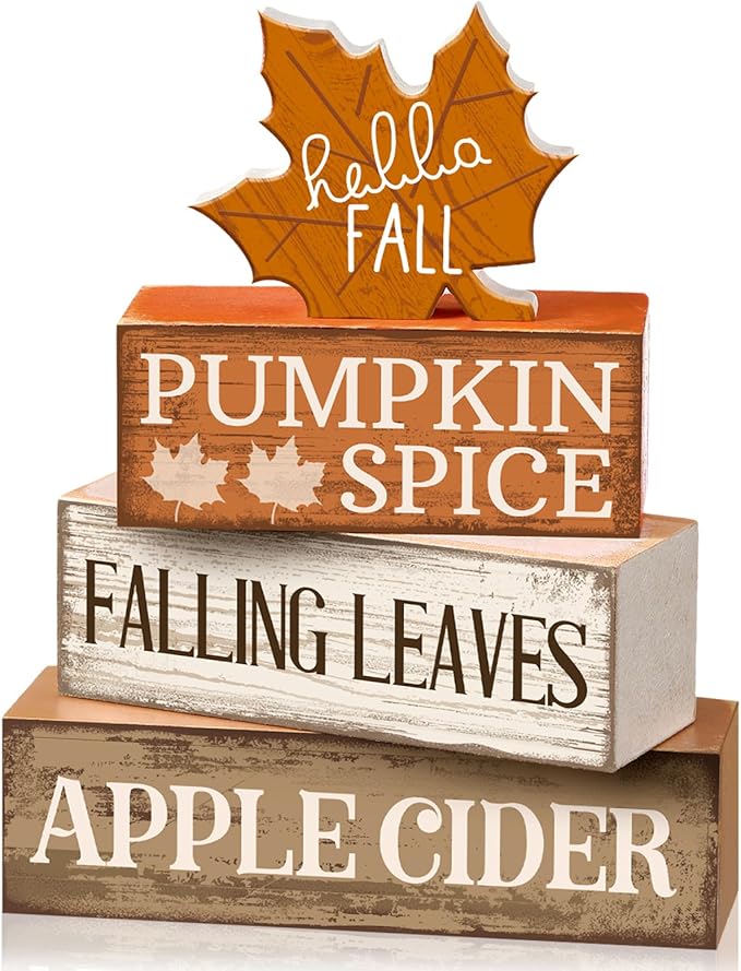 4 Pcs Fall Decor Wooden Maple Leaf Decoration Fall Tiered Tray Decor Rustic Wooden Maple Leaf Block Sign Gift Thanksgiving Table Centerpiece Farmhouse for Autumn Harvest Party Home Kitchen