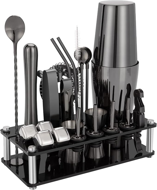 Cocktail Shaker Set, 23-Piece Boston Stainless Steel Bartender Kit with Acrylic Stand & Cocktail Recipes Booklet, Professional Bar Tools for Drink Mixing, Home, Bar, Party - Black