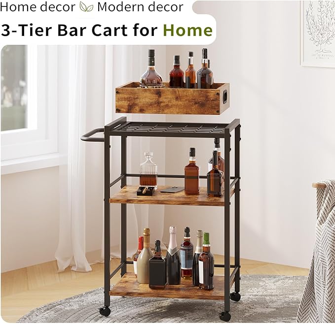 3-Tier Bar Cart for The Home, Rolling Cart with Wheels and Handle, 3-Tier Serving Cart with Removable Tray, Kitchen Carts on Wheels with Storage