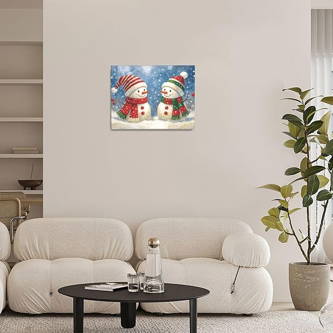 Christmas Snowman Wall Art Winter Holidays Canvas Wall Decor Pictures Paintings Prints Artwork Framed Decorations For Bathroom Bedroom Living Room Office Gifts 16" x 12"