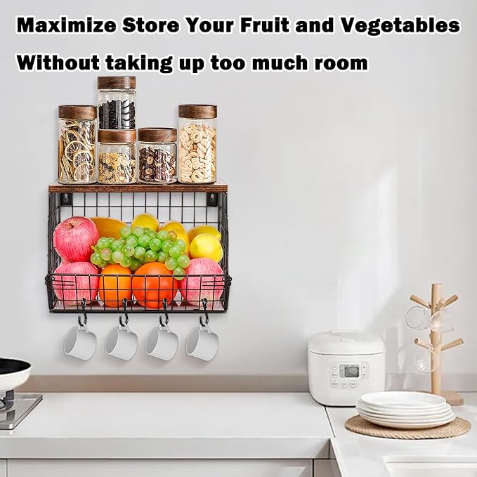 Livabber Fruit Basket for Kitchen, Metal Fruit Vegetable Storage Bin with 2 Banana Hangers, Countertop Wire Basket Organizer for Snack Potato Onion, Screw Mounted or Stand (Black, 1 Pack)