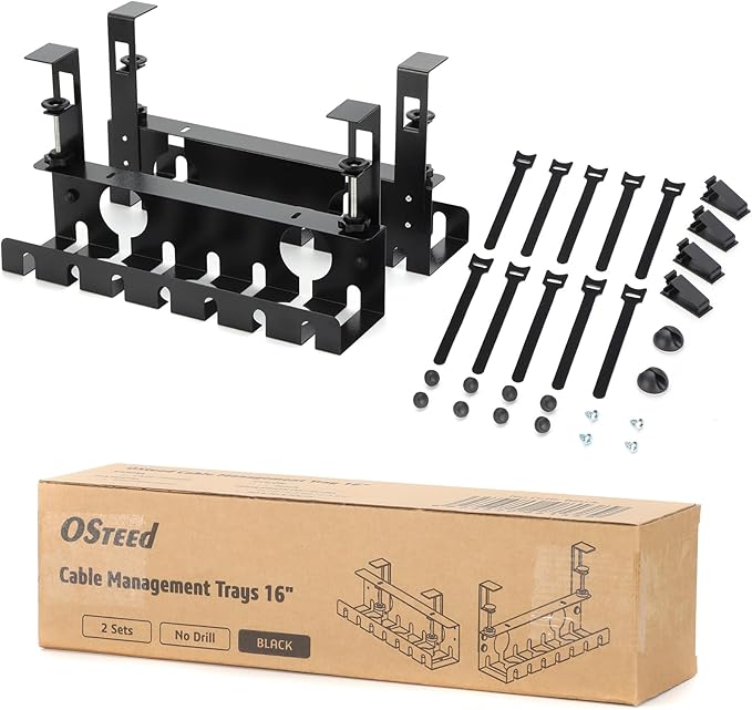 Under Desk Cable Management Tray 2 Pack Black, No Drill Cord Organizer with Clamp for Wire Management, Home & Office Accessories