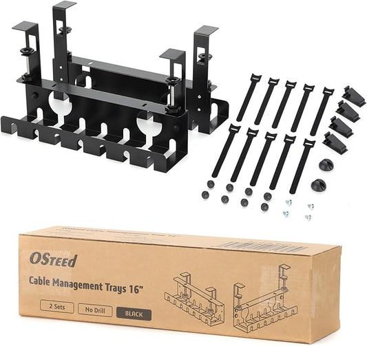 Under Desk Cable Management Tray 2 Pack Black, No Drill Cord Organizer with Clamp for Wire Management, Home & Office Accessories