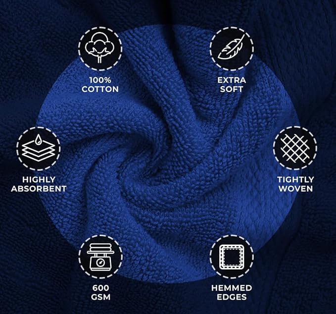 Avalon Towels Luxury 8 Piece Blue Towels Set, 2 Bath Towels, 2 Hand Towels and 4 Washcloths, 600 GSM 100% Ring Spun Cotton Highly Absorbent Royal Blue Bathroom Towels, Ideal for Hotel, Spa and Gym