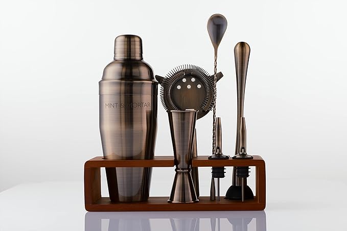 Mint & Mortar Cocktail Shaker Set, 7-Piece Bartender Kit with Stand, 24oz Martini Shaker Bottle Stainless Steel Bar Tools, Home Bar Accessories Drink Mixer, Barware Gift Set - Brushed Gold