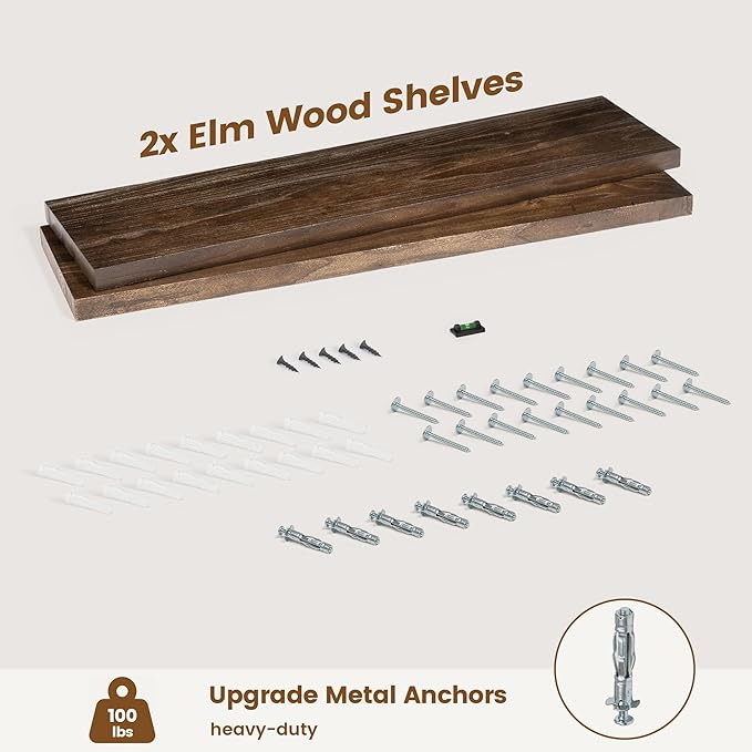 Rustic Elm Wood Floating Shelves for Wall, Flat Edge 36"W x 9.2"D x 1.4"H, Set of 2 with Invisible Bracket, Wall Mounted Storage Shelves for Living Room Bedroom Kitchen Bathroom Decor, Walnut Finish