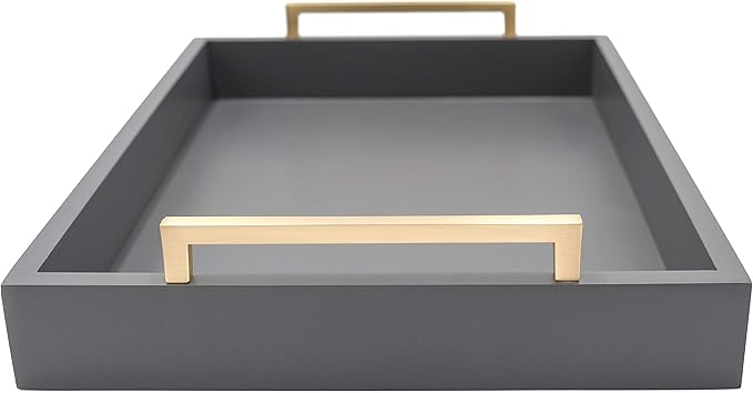 Decorative Coffee Table Tray - Ottoman Tray - Breakfast, Drinks, Liquor Serving Tray - from Farmhouse to Modern - Matte Finish - Brushed Champagne Gold Handles - Charcoal
