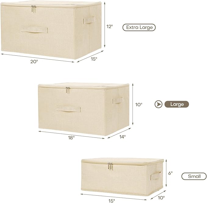 ANMINY Storage Bins with Zipper Lids 36 Qt Lidded Fabric Storage Boxes Baskets Cubes with Handles Collapsible Washable Cotton Linen Closet Shelf Clothes Organizer Containers - Beige, Large