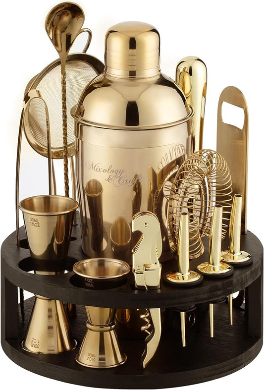 Mixology & Craft Bartender Kit – 15-Piece Cocktail Shaker Set with Bar Tools, Premium Stainless Steel Drink Mixer Accessories for Home Bar, Includes Bamboo Stand, Plus Exclusive Recipe Cards (Gold)