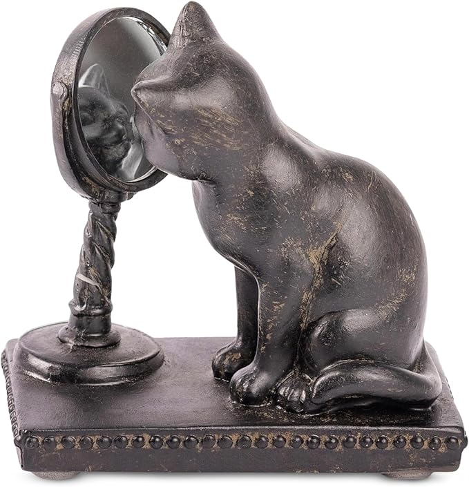 Young's Inc. Cat Figurine - Cute Cat Statue - Whimsical Cat Decor for Cat Lovers - Cat Collectibles and Meditation Decor - Cat with Mirror - 4'' L X 2'' W X 4'' H
