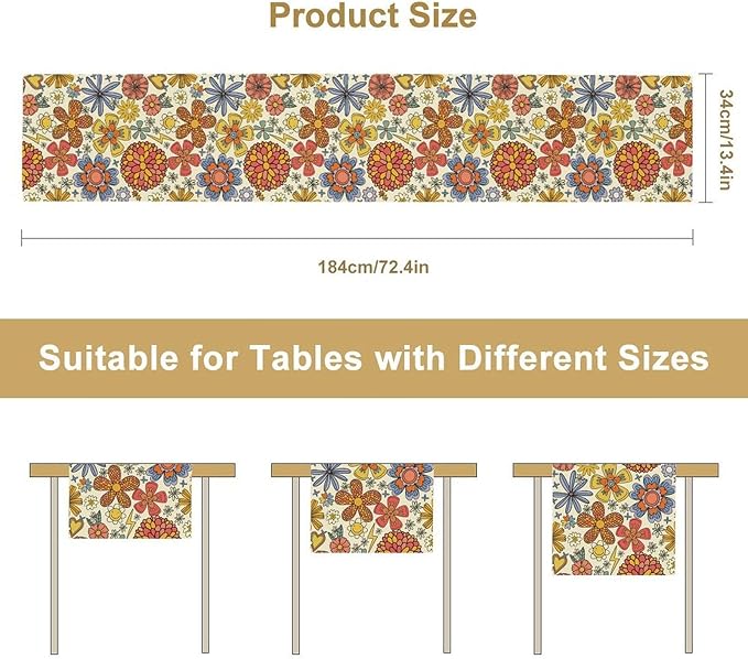 Retro 70s Floral Table Runner, Vintage Hippie Funky 70s 60s Abstract Colorful Aesthetic Modern Farmhouse Coffee Table Center Decor for Kitchen Living Room Holiday Party Table Decorations 13x72