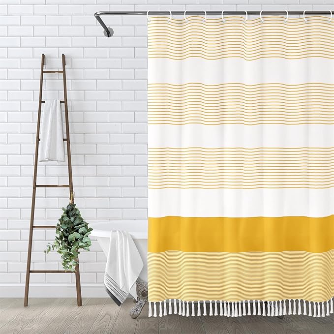 Awellife Boho Yellow Shower Curtain for Bathroom Farmhouse Cotton Stripe Tassel Shower Curtain Natural Texture 78" L x 72" W