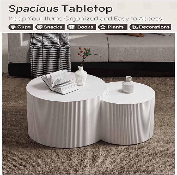 Modern Round Wooden Nesting Coffee Table Set of 2 Circle Tables with Non-Slip Feet, Accent Side End Table, Saving Space Design and No Need Assembly (GSMALL)