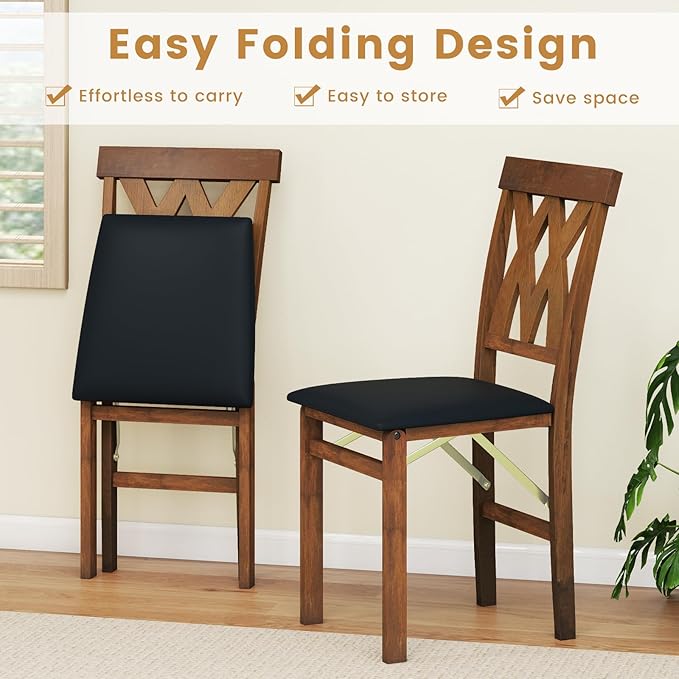 GOFLAME Folding Dining Chairs Set of 4, Foldable Kitchen Chairs with PVC Leather Padded Seat and Rubber Wood Frame, Elegant Hollowed Backrest, Wooden Dinner Chair Set for Dining Room, Walnut