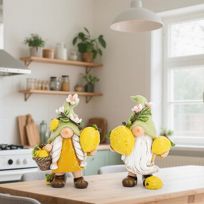 Hodao Set of 2 Lemon Gnome Figurines Sets - Lemon-Themed Gnomes Indoor Home Decor for Summer - Decorative Gnomes for Kitchen, Living Room, or Shelf - Cute Yellow Ornaments for Thanksgiving (Yellow-2)