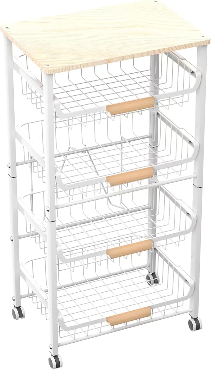 5-Layer Fruit Basket Kitchen Food Storage Organizer and Storage Rack, Stackable Storage cart with Desktop, Pull-Out Hollow Metal Storage Basket, Wheeled Sorting Rack Spice Rack