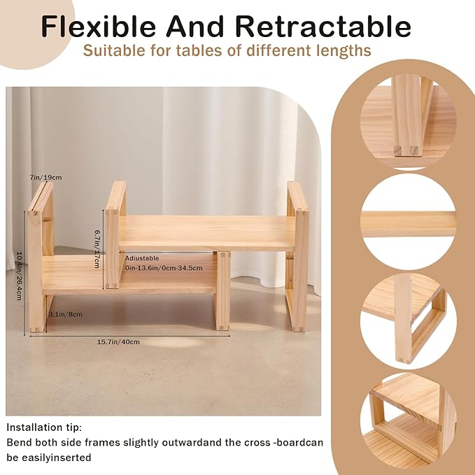 Upgraded Desktop & Off-Surface Shelves, No Tools Assembly Interlocking Joints for Enhanced Stability, Solid Pine Wood, 130lb Load Capacity for Office, Books, Bathroom Storage