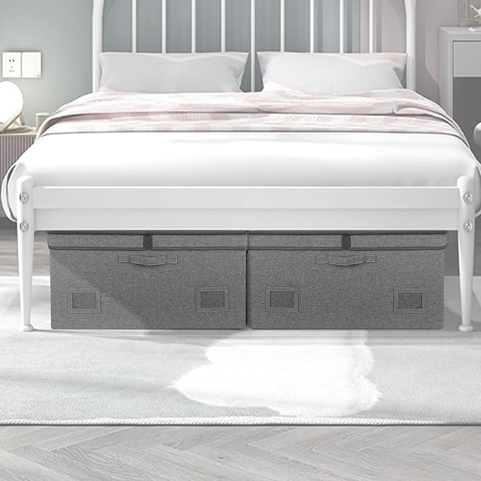 75 Quarts Extra Large Decorative Storage Bins with Lids, 3 Packs Gray Collapsible Storage Bins with Lids, Stackable Storage Bins Decorative Box Storage With Lid Extra Large