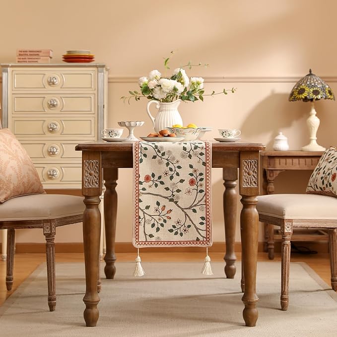 ISAENNE Designer Elegant Linen Floral Table Runner 87 Inches Long,Farmhouse Light Beige Durable Decor Table Runners for Dining Tables,Thanksgiving,Kitchen Tables,Christmas,12"*87"-Flora A