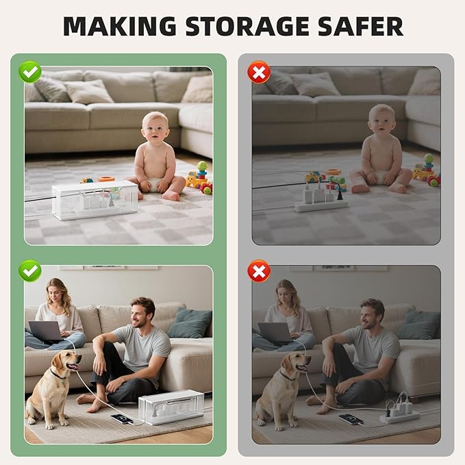 3 Pack Cable Management Box, Metal Mesh Cord Organizer Box for TV Wires, Electrical Hiding, Power Strip – Under Desk Cable Storage Box with Cable Clips&Reusable Cable Ties for HomeOffice - White