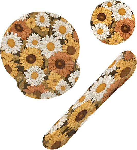 Vintage Daisy Sunflower Mouse Pad with Wrist Rest and Keyboard Wrist Rest Set, Non-Slip Rubber Base Memory Foam Mouse Pad Set for Women, Office Desk Accessories, Gaming