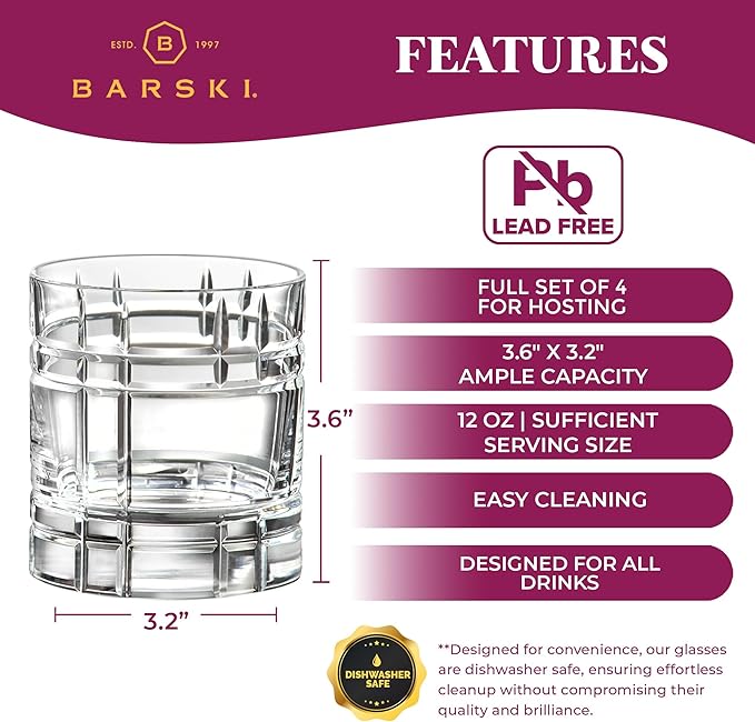 Barski Whiskey Glasses - Double Old Fashioned Rocks Glass - Set of 4 Lowball Tumbler - DOF Crystal Glass Tumblers - For Scotch - Bourbon - Water - Beverage - Drinking Glasses - 11 oz - Made in Europe