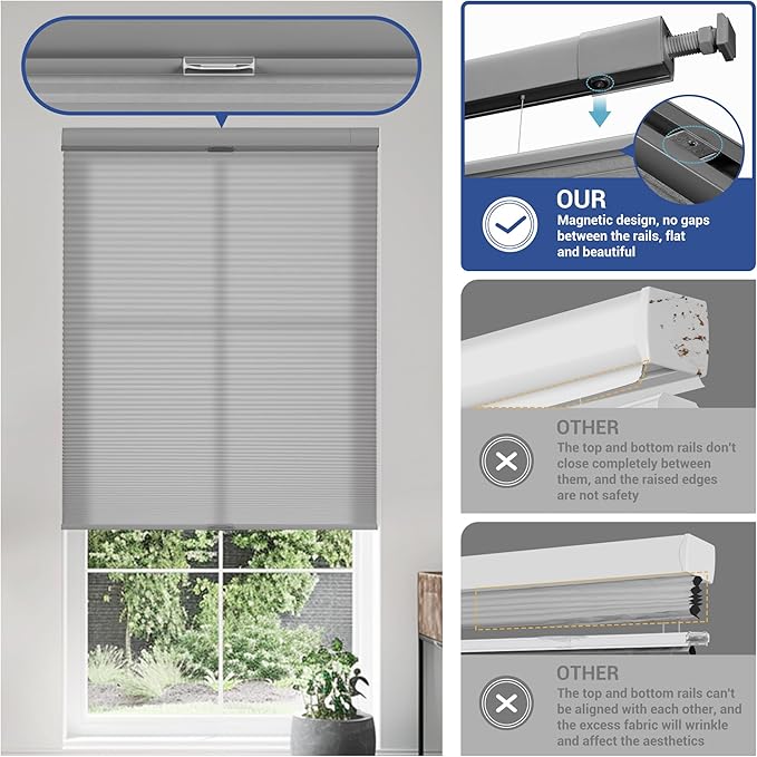No Drill No Tools Cellular Shades Top Down Bottom Up Blackout Blinds for Windows Cordless Honeycomb Window Shades Easy to Install for Home, Light Filtering-Grey, Customized Size