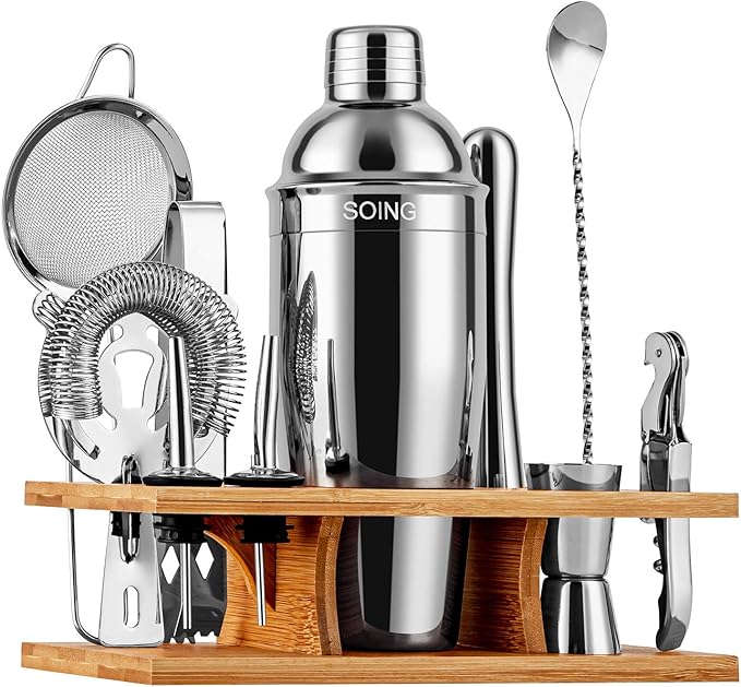 Soing 11-Piece Silver Bartender Kit,Perfect Home Cocktail Shaker Set for Drink Mixing,Stainless Steel Bar Tools with Stand,Velvet Carry Bag & Cocktail Recipes Cards (Silver)