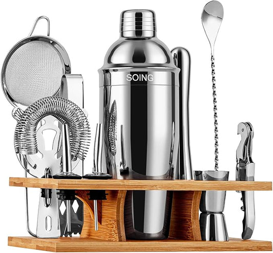 Soing 11-Piece Silver Bartender Kit,Perfect Home Cocktail Shaker Set for Drink Mixing,Stainless Steel Bar Tools with Stand,Velvet Carry Bag & Cocktail Recipes Cards (Silver)