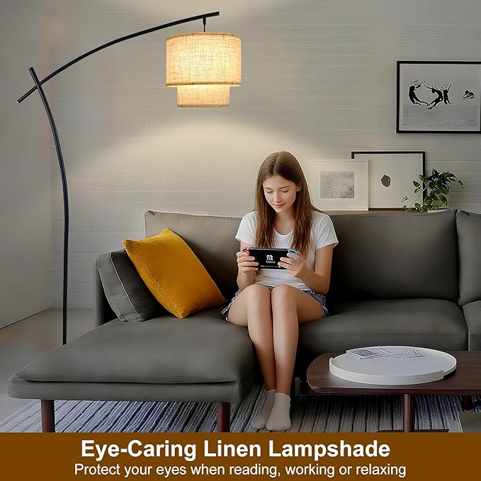 Lightdot Arc Floor Lamp for Living Room, Modern Standing Tall Lamps with Double Linen Lampshade, Tall Hanging Pole Lamp with Stable Metal Base & Foot Switch for Bedroom Home Office-Black