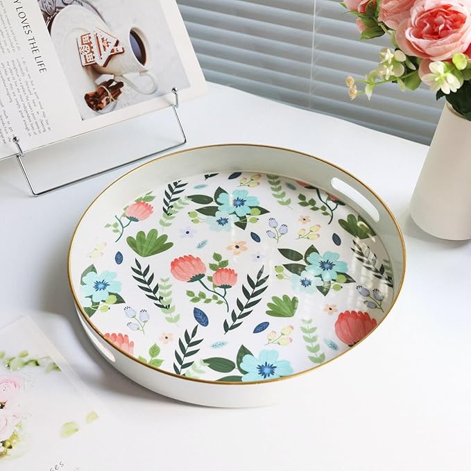 Round Serving Tray with Handles, Modern Floral Pattern, Perfect for Coffee Table, Ottoman, or Vanity, Lee33wh Color, Plastic Material